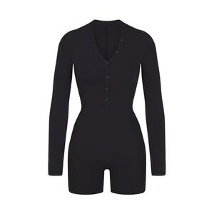 Skims Cotton Jersey Button Up Henley Onesie in Soot